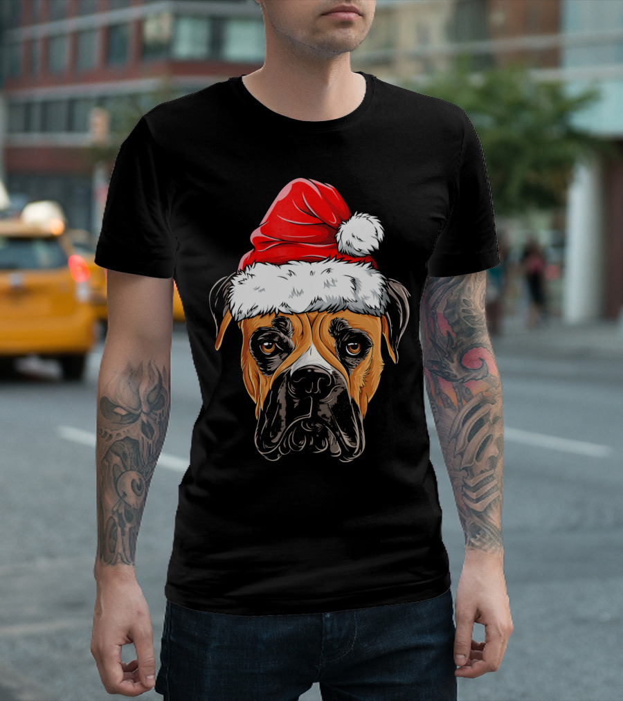 Boxer Dog Wearing Santa Hat T-Shirt