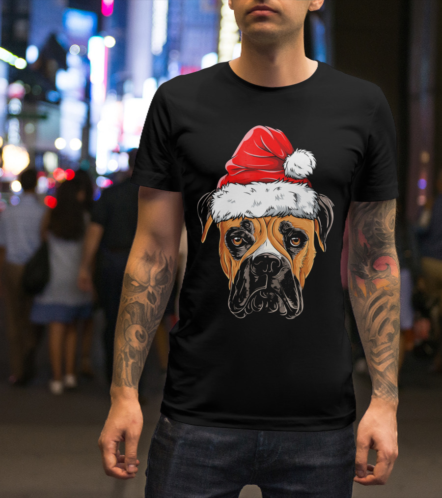 Boxer Dog Wearing Santa Hat T-Shirt