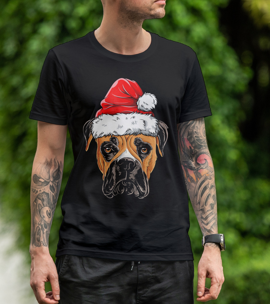 Boxer Dog Wearing Santa Hat T-Shirt