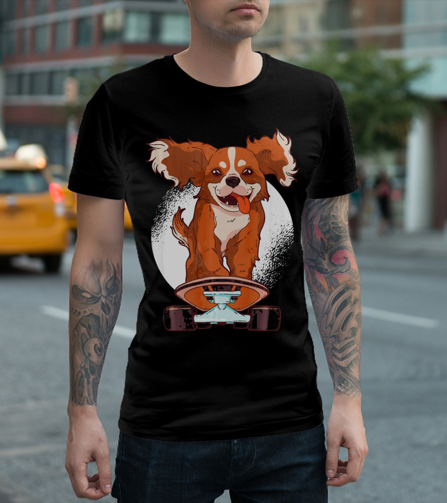 Cavalier Dog on Skateboard with Happy Expression and Energetic Pose T-Shirt