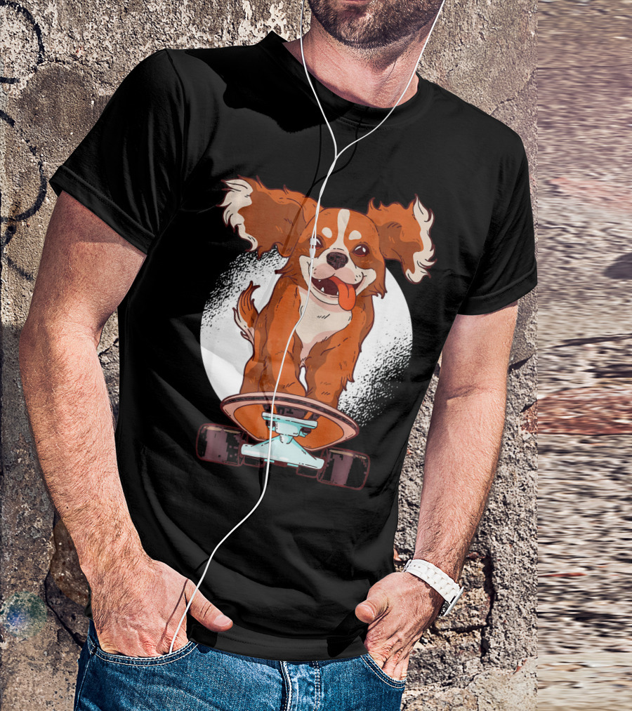 Cavalier Dog On Skateboard With Happy Expression And Energetic Pose T-Shirt