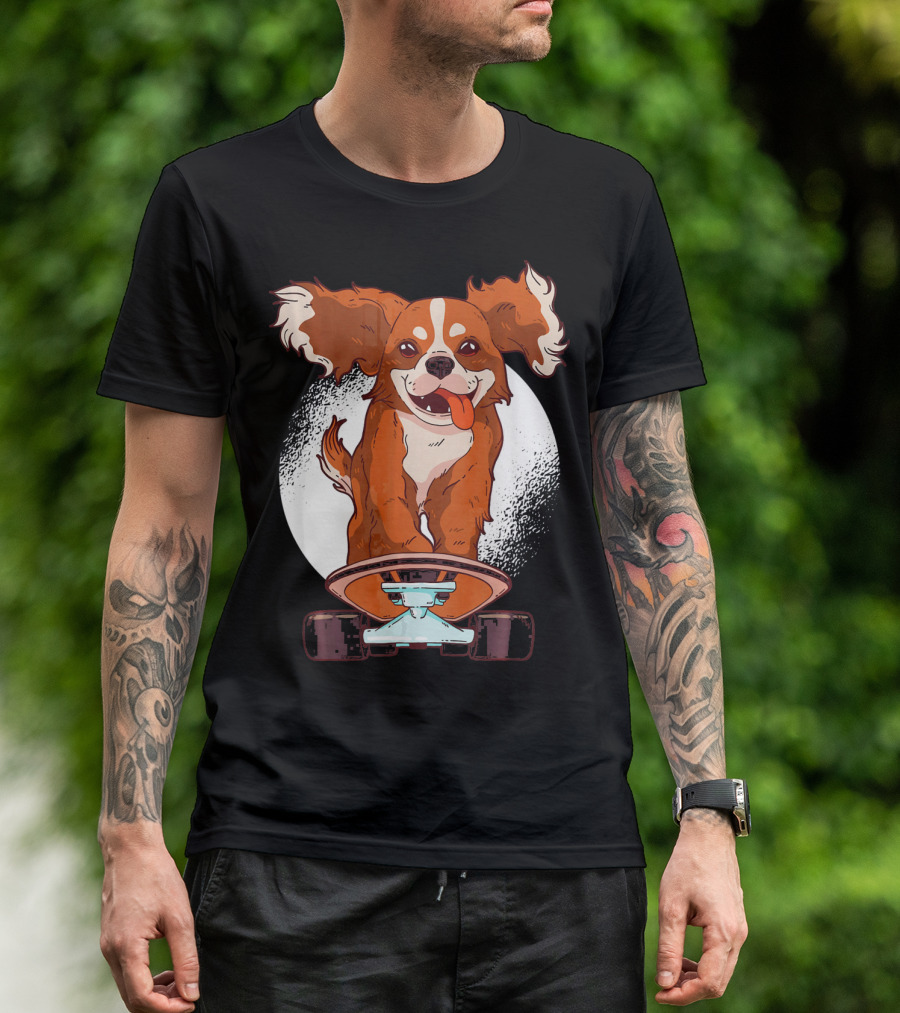 Cavalier Dog On Skateboard With Happy Expression And Energetic Pose T-Shirt