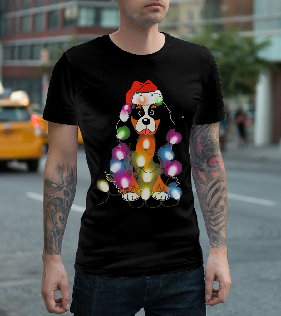 Cavalier King Charles Spaniel Festive Christmas Lights With Santa Hat T-Shirt