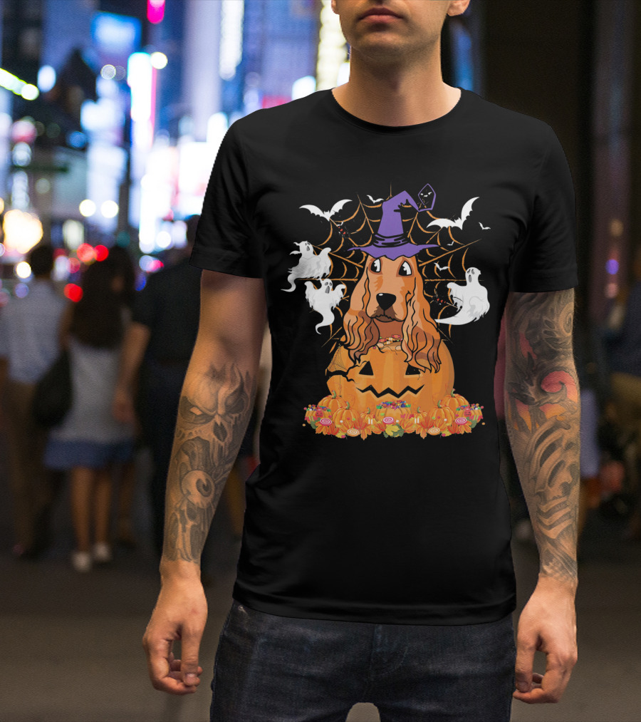 Cavalier King Charles Spaniel Halloween Pumpkin Ghosts And Witch Hat T-Shirt