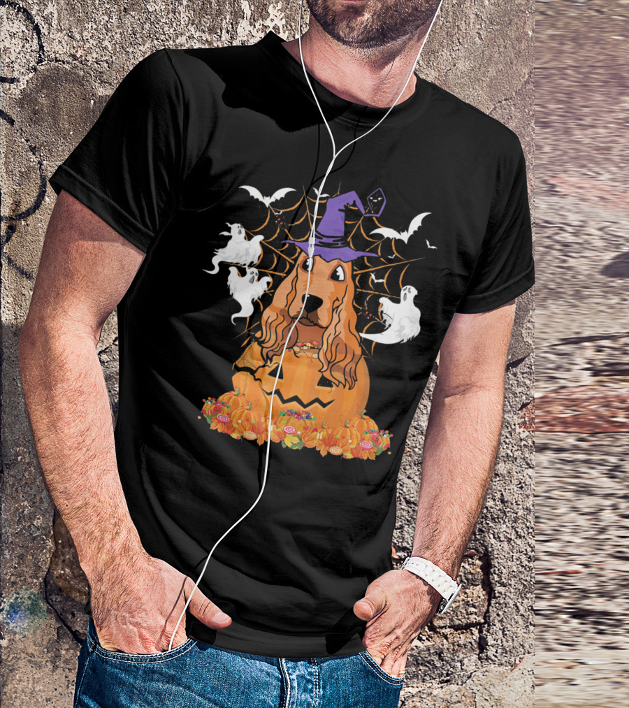 Cavalier King Charles Spaniel Halloween Pumpkin Ghosts And Witch Hat T-Shirt