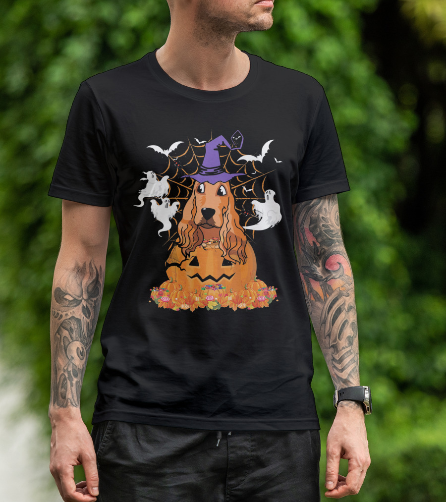 Cavalier King Charles Spaniel Halloween Pumpkin Ghosts And Witch Hat T-Shirt