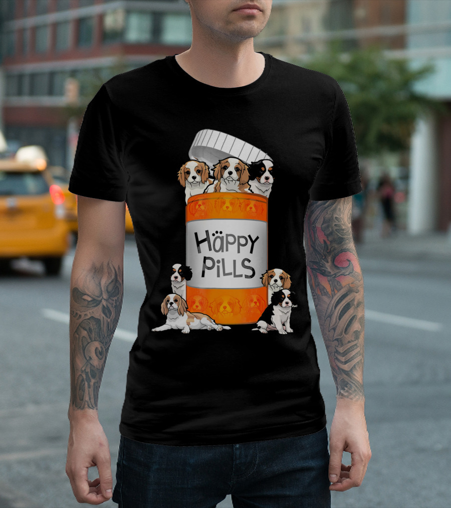 Cavalier King Charles Spaniel Happy Pills Illustration with Puppies in Pill Bottle T-Shirt