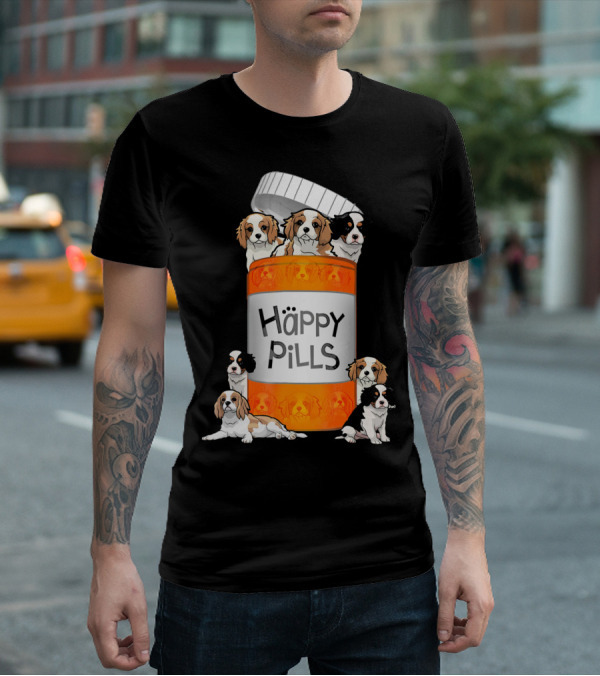 Cavalier King Charles Spaniel Happy Pills Illustration With Puppies In Pill Bottle T-Shirt