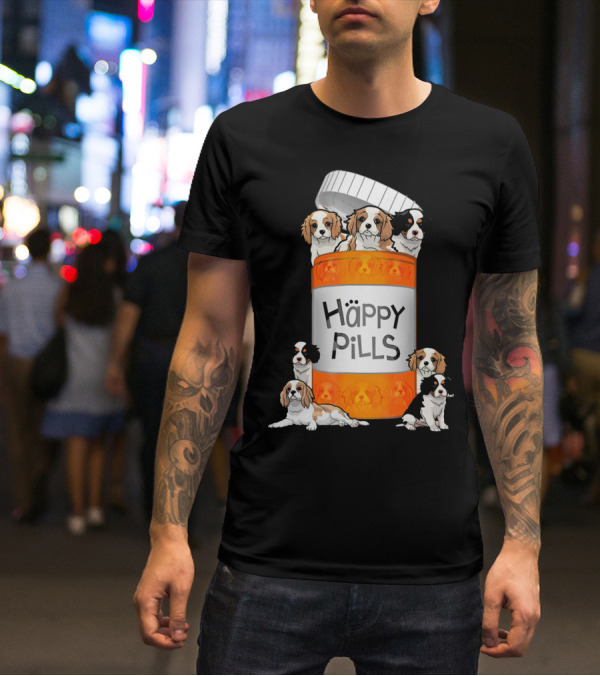 Cavalier King Charles Spaniel Happy Pills Illustration With Puppies In Pill Bottle T-Shirt