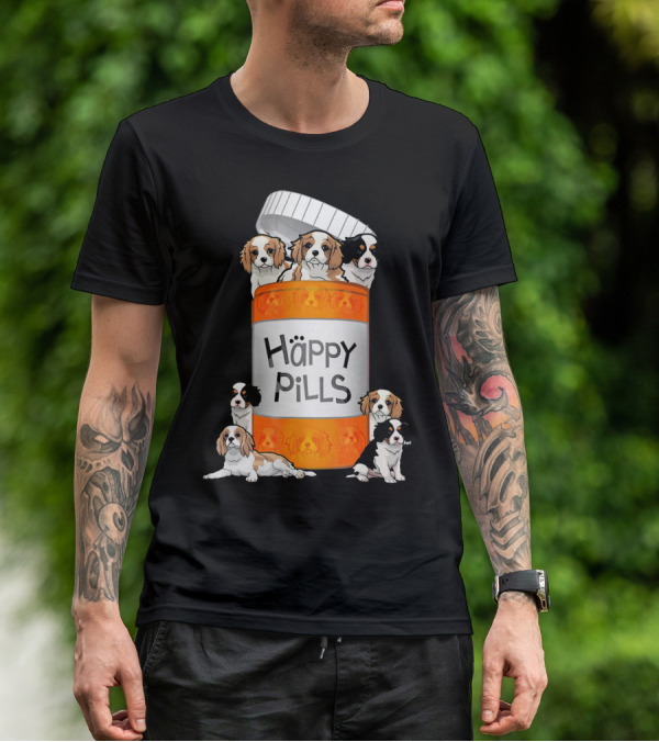 Cavalier King Charles Spaniel Happy Pills Illustration With Puppies In Pill Bottle T-Shirt