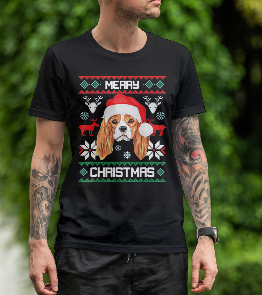 Merry Christmas Cavalier King Charles Spaniel Ugly Sweater Santa Hat T-Shirt