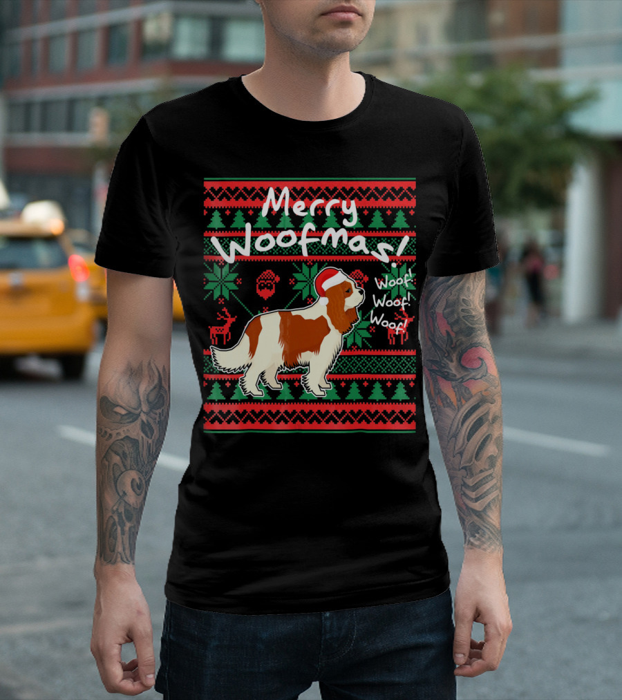 Merry Woofmas Cavalier King Charles Spaniel Festive Santa Hat Woof Woof Holiday T-Shirt