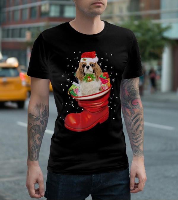 Cavalier King Christmas Dog In Festive Boot With Gifts T-Shirt
