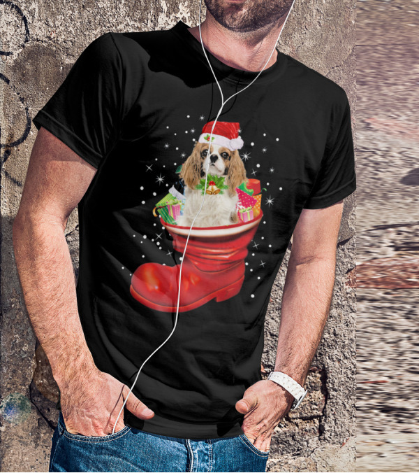 Cavalier King Christmas Dog In Festive Boot With Gifts T-Shirt