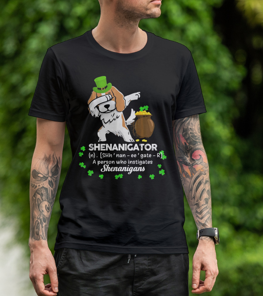 Shenanigator Cavalier King Dog With Green Hat And Pot Of Gold T-Shirt