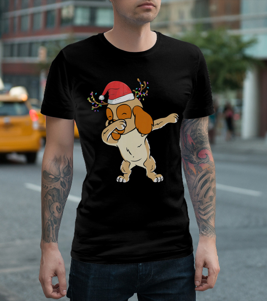 Christmas Cocker Spaniel Dabbing Reindeer Antlers Santa Hat T-Shirt