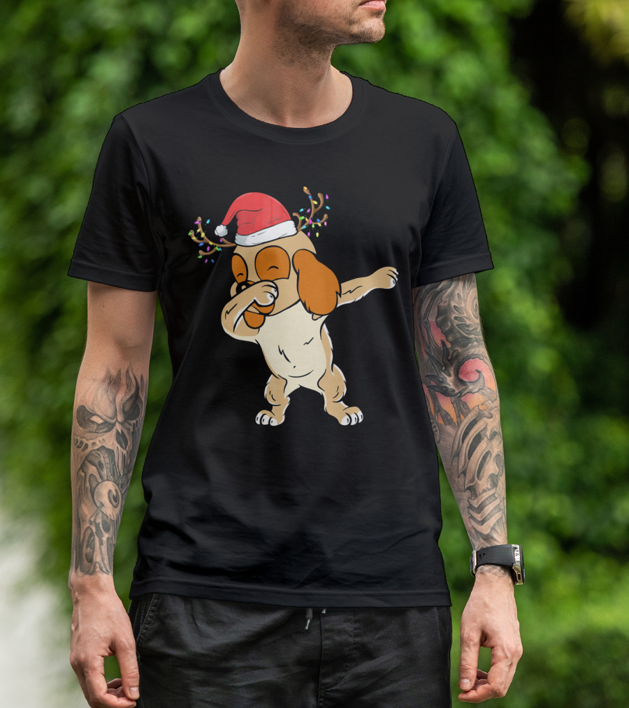 Christmas Cocker Spaniel Dabbing Reindeer Antlers Santa Hat T-Shirt