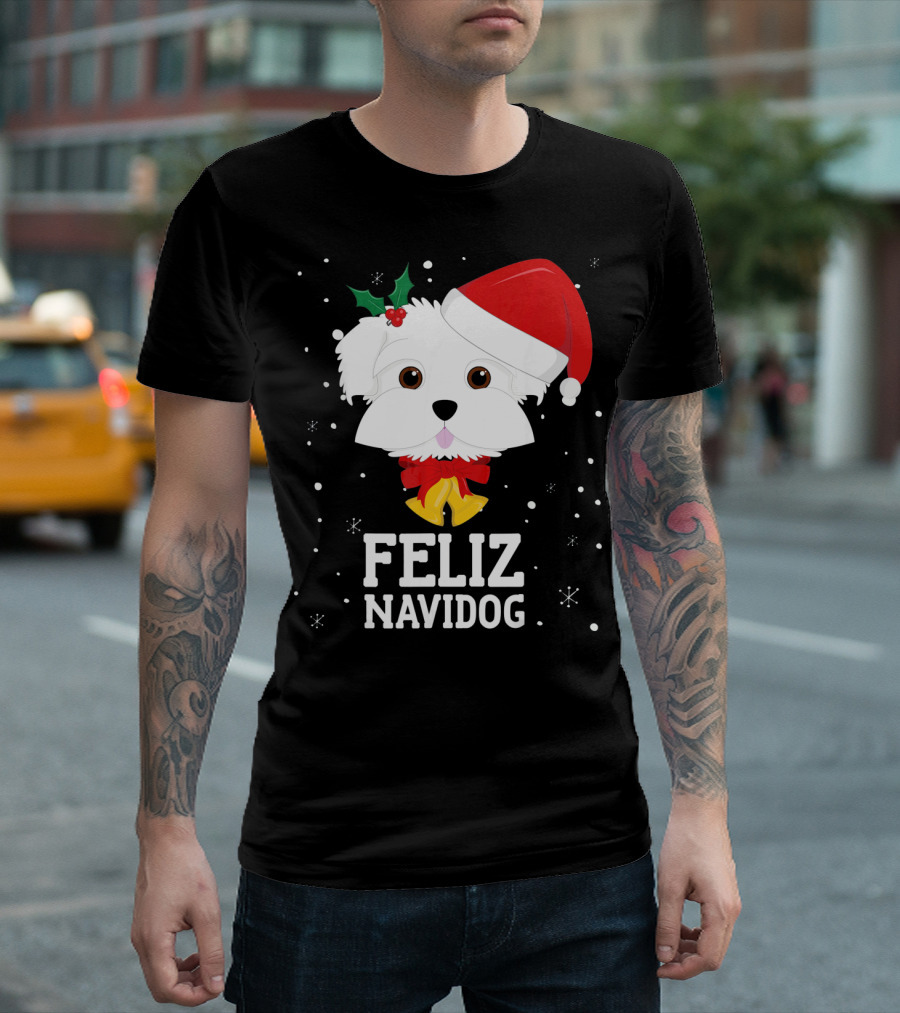 Feliz Navidog Christmas Maltese Dog with Santa Hat and Holly T-Shirt