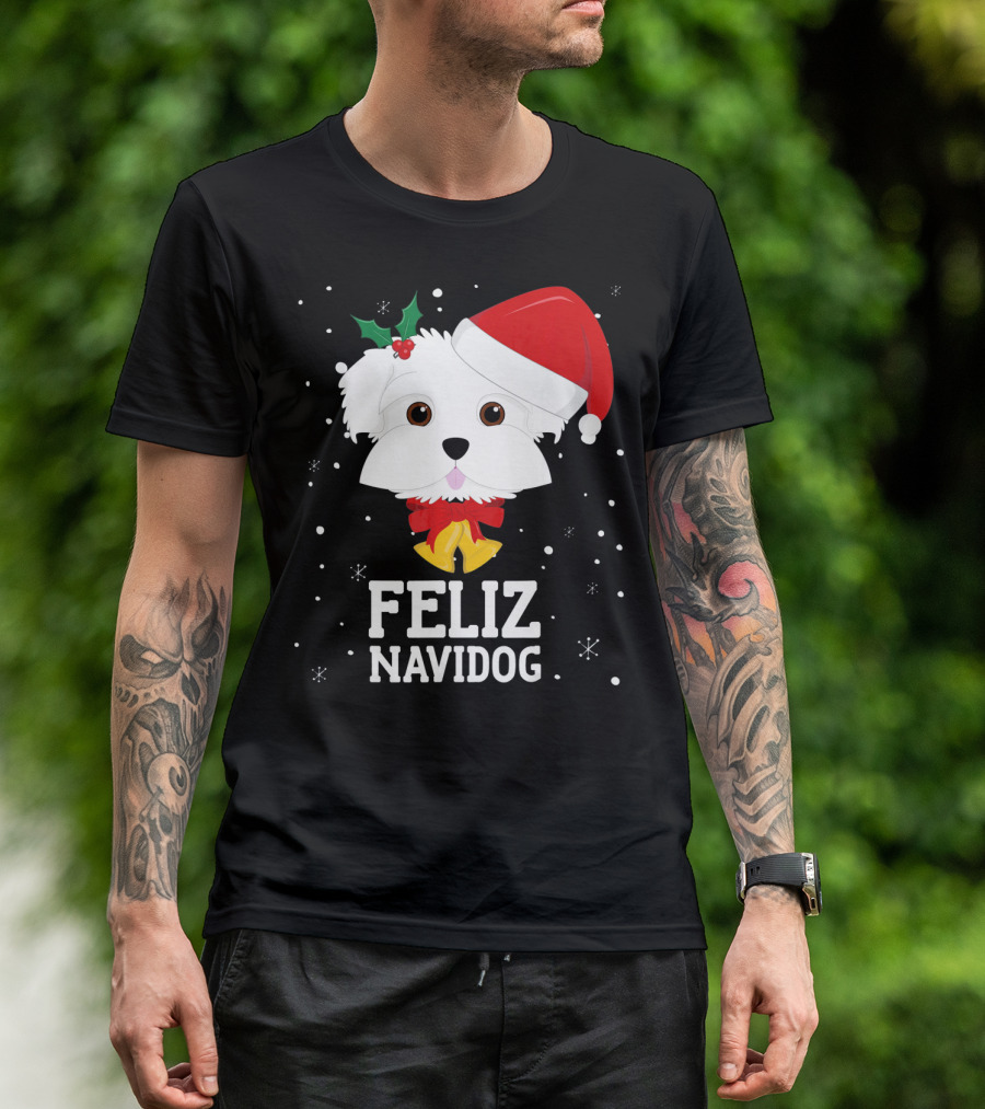 Feliz Navidog Christmas Maltese Dog With Santa Hat And Holly T-Shirt