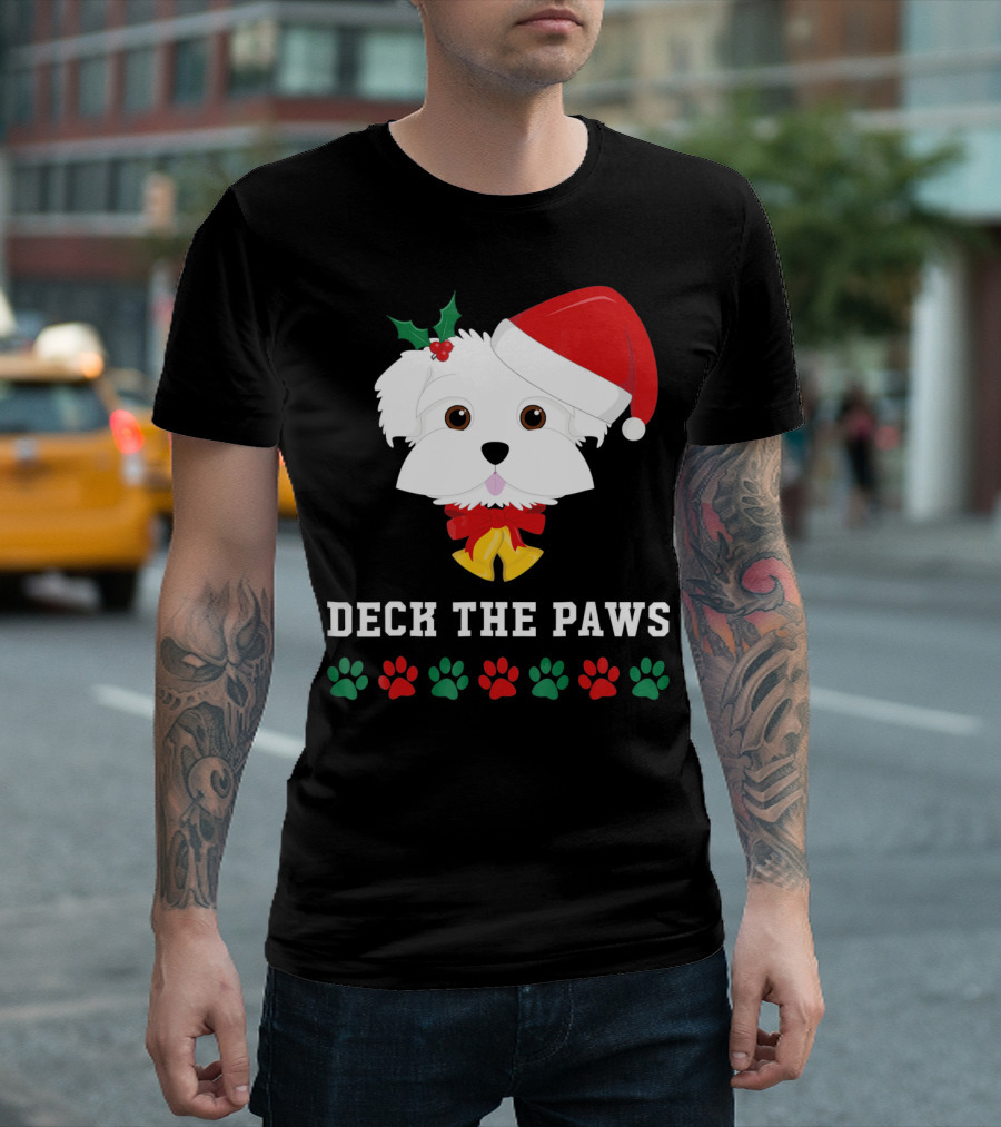 Deck The Paws Christmas Dog Maltese Santa Hat Paw Prints T-Shirt