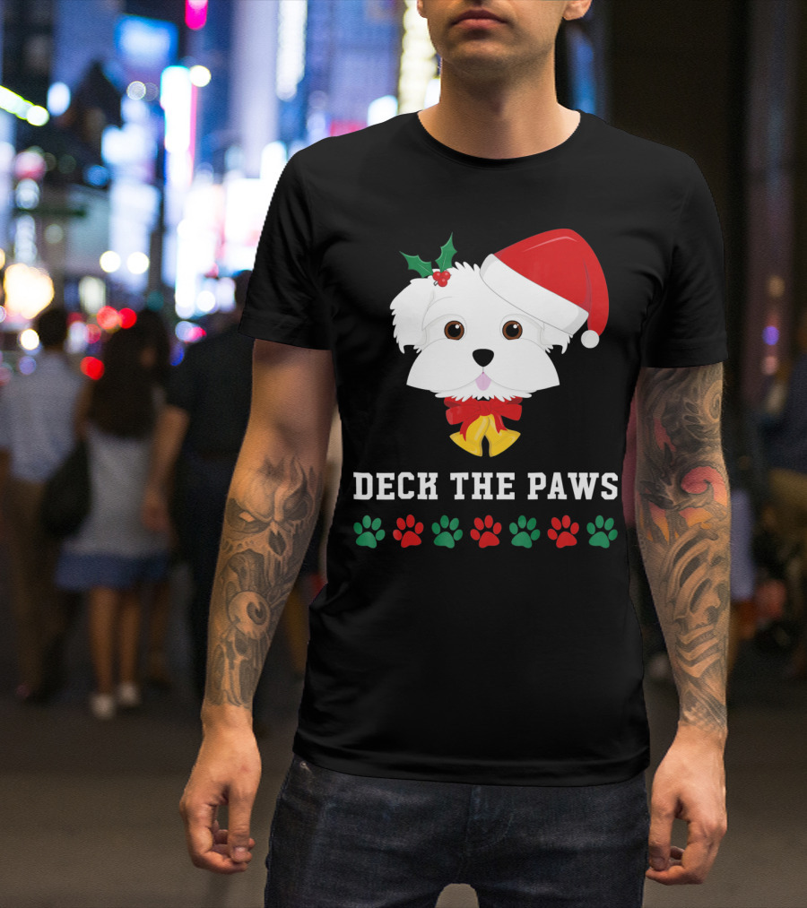 Deck The Paws Christmas Dog Maltese Santa Hat Paw Prints T-Shirt