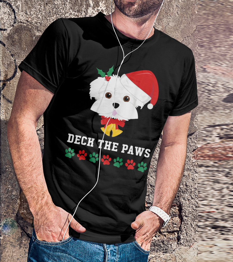 Deck The Paws Christmas Dog Maltese Santa Hat Paw Prints T-Shirt