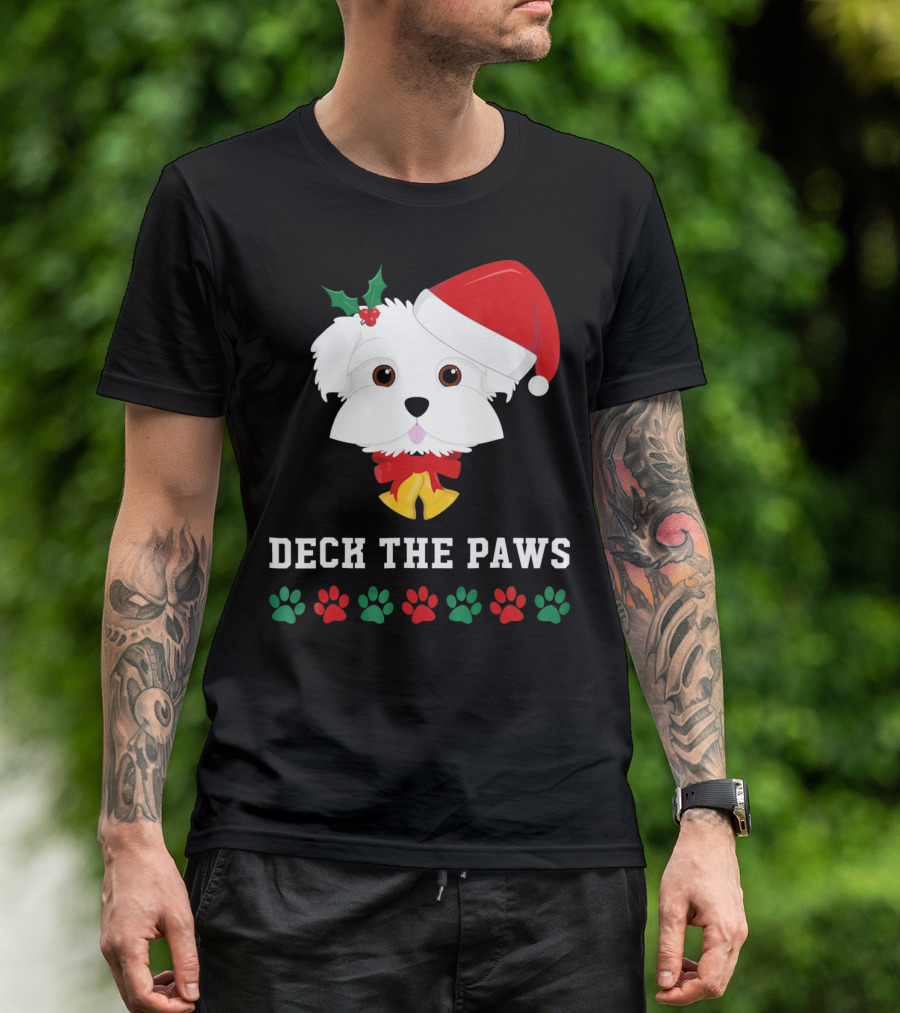 Deck The Paws Christmas Dog Maltese Santa Hat Paw Prints T-Shirt