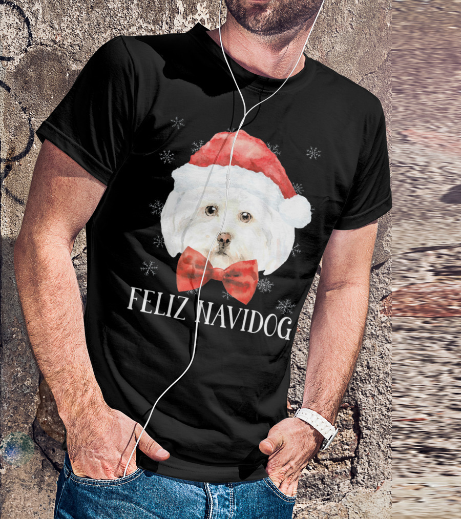Feliz Navidog Christmas Dog Maltese Santa Hat Red Bow Snowflakes T-Shirt