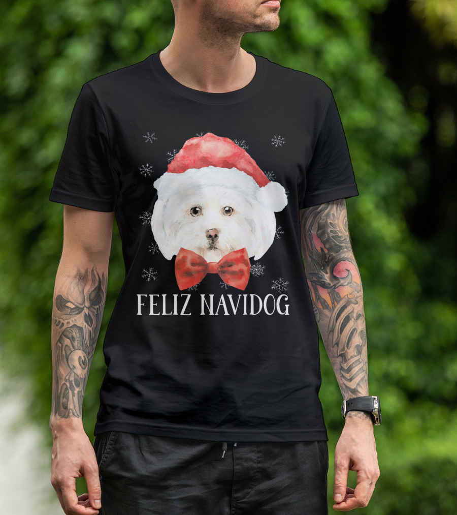 Feliz Navidog Christmas Dog Maltese Santa Hat Red Bow Snowflakes T-Shirt