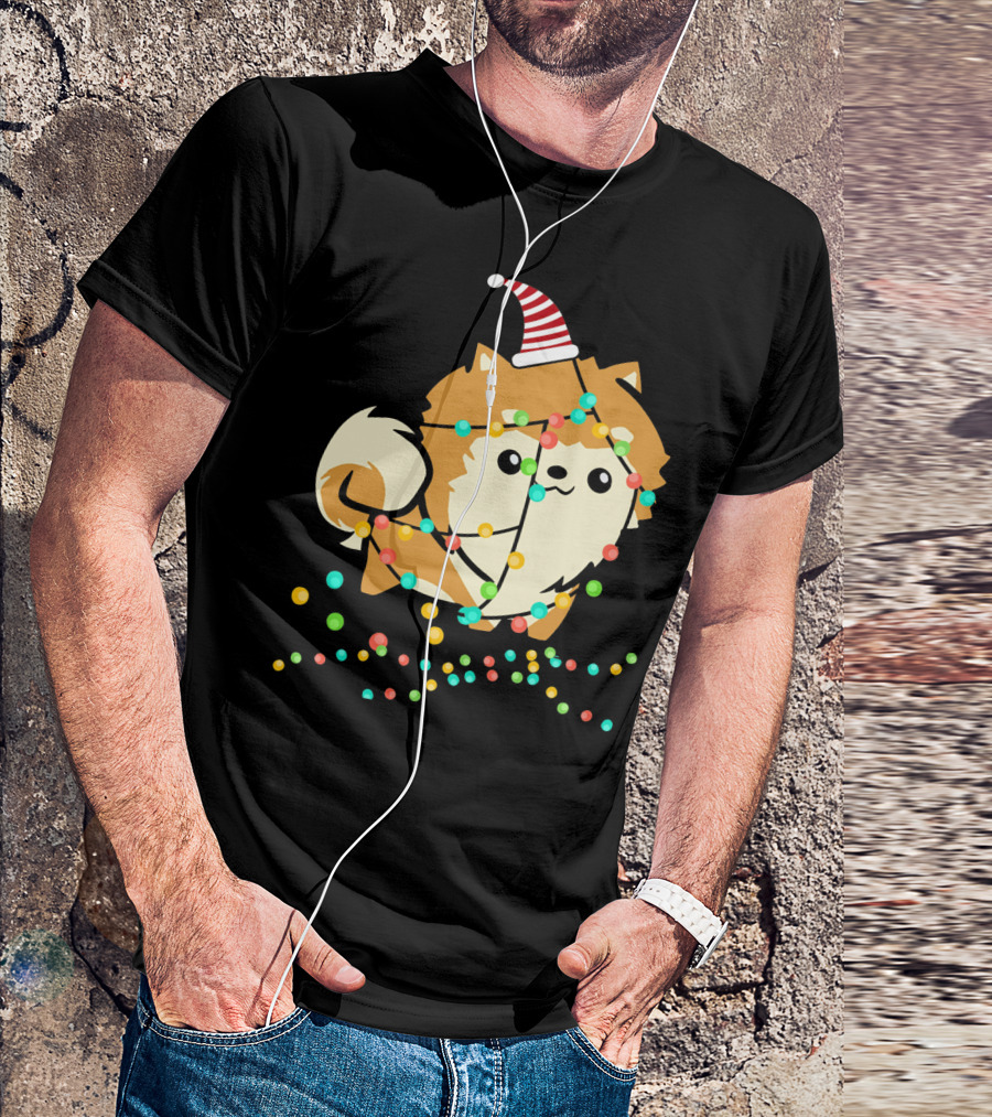 Christmas Lights Pomeranian Santa Hat T-Shirt