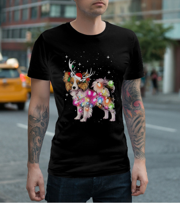 Papillon With Christmas Lights And Santa Antlers T-Shirt