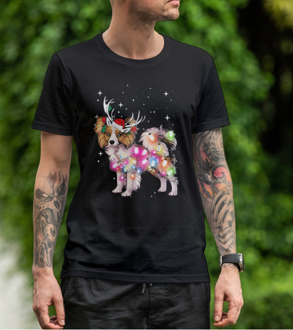 Papillon With Christmas Lights And Santa Antlers T-Shirt