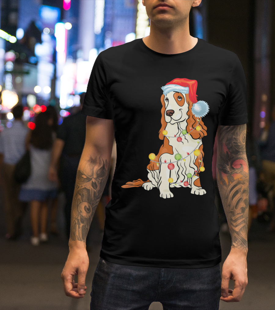 Cocker Spaniel Wearing Santa Hat With Colorful Christmas Lights T-Shirt