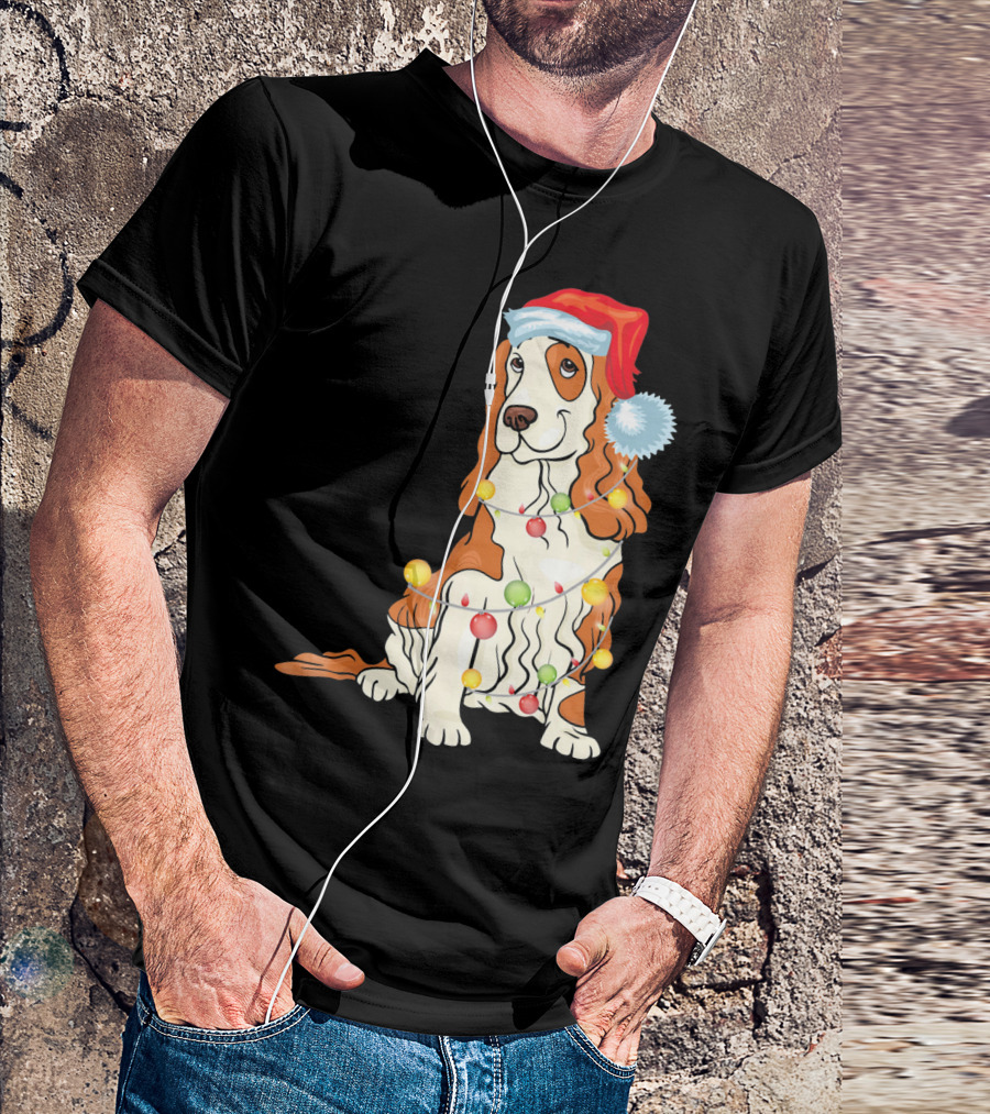 Cocker Spaniel Wearing Santa Hat With Colorful Christmas Lights T-Shirt