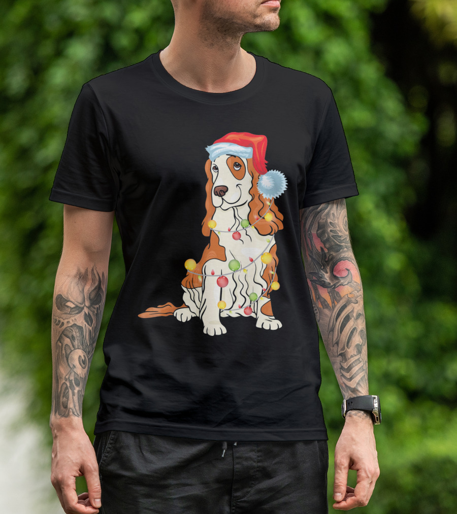 Cocker Spaniel Wearing Santa Hat With Colorful Christmas Lights T-Shirt