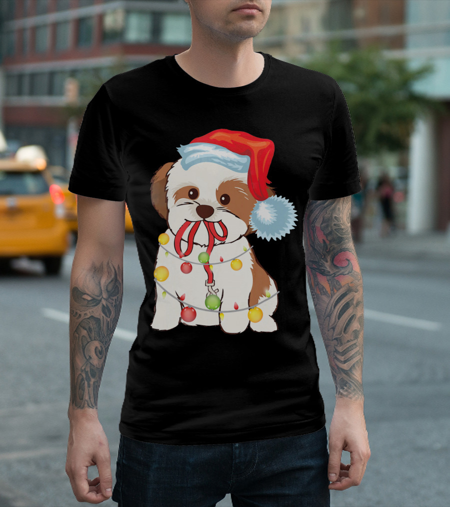 Christmas Lights Shih Tzu with Santa Hat and Festive Ornaments T-Shirt