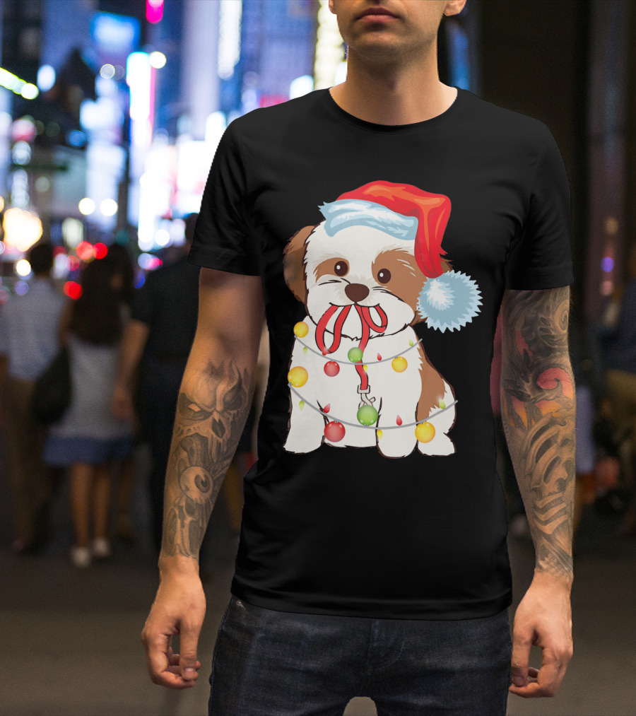 Christmas Lights Shih Tzu With Santa Hat And Festive Ornaments T-Shirt