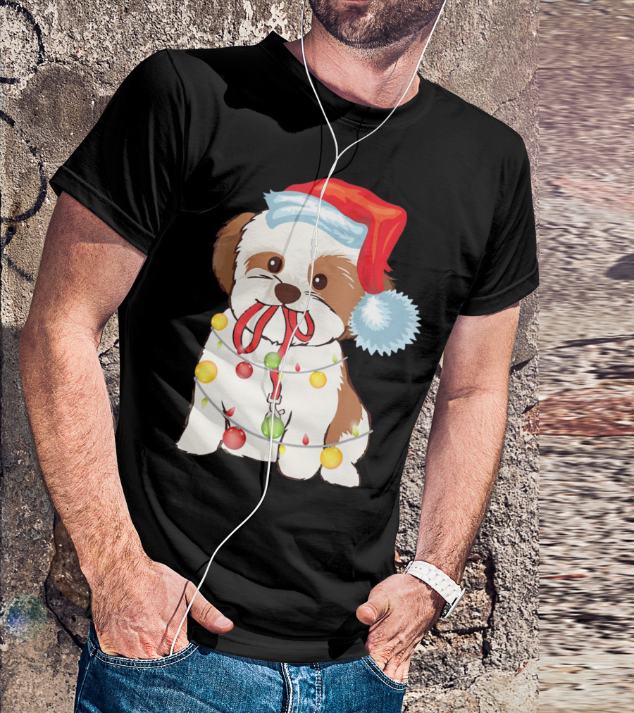 Christmas Lights Shih Tzu With Santa Hat And Festive Ornaments T-Shirt