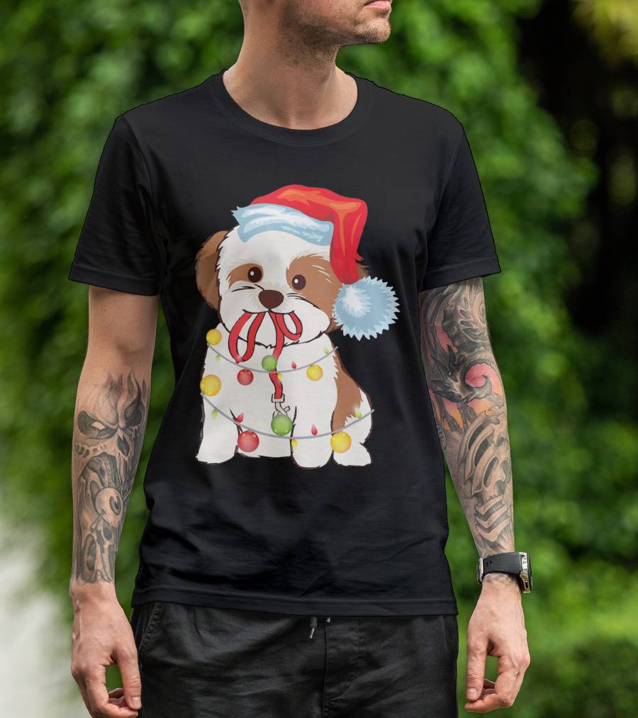 Christmas Lights Shih Tzu With Santa Hat And Festive Ornaments T-Shirt