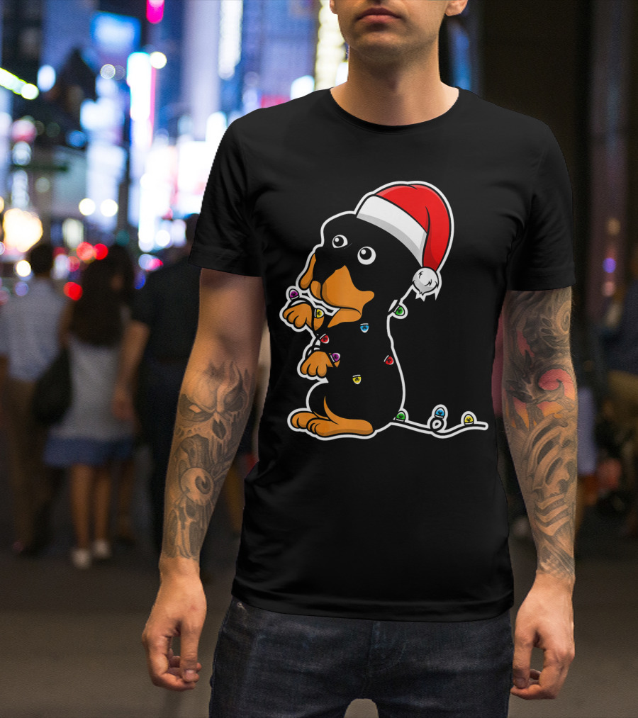 Christmas Rottweiler Puppy Santa Hat Lights T-Shirt