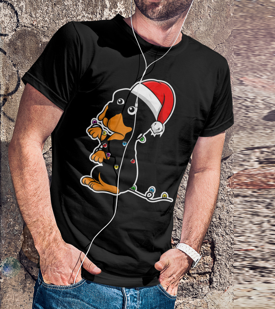 Christmas Rottweiler Puppy Santa Hat Lights T-Shirt