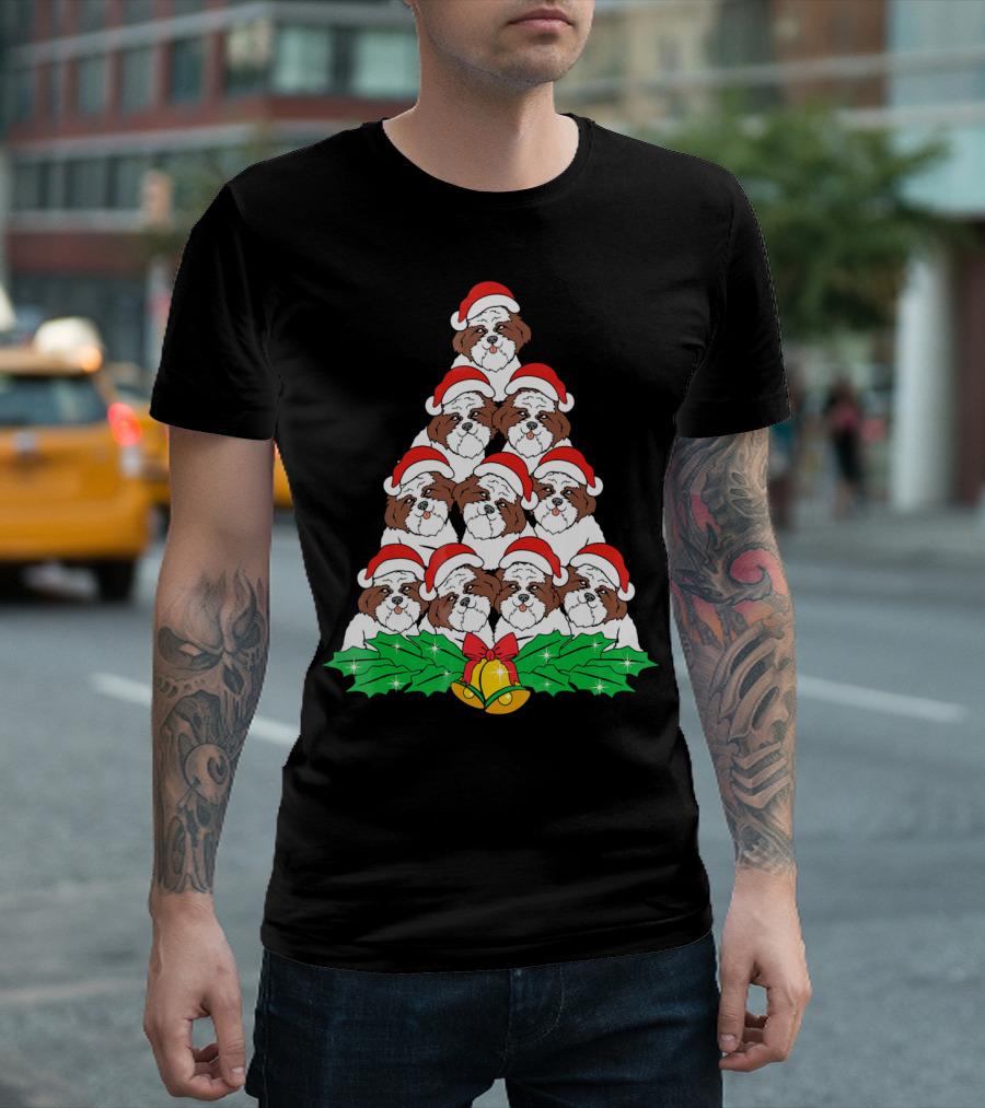 Christmas Shih Tzu Santa Hats Tree with Holly and Bells T-Shirt