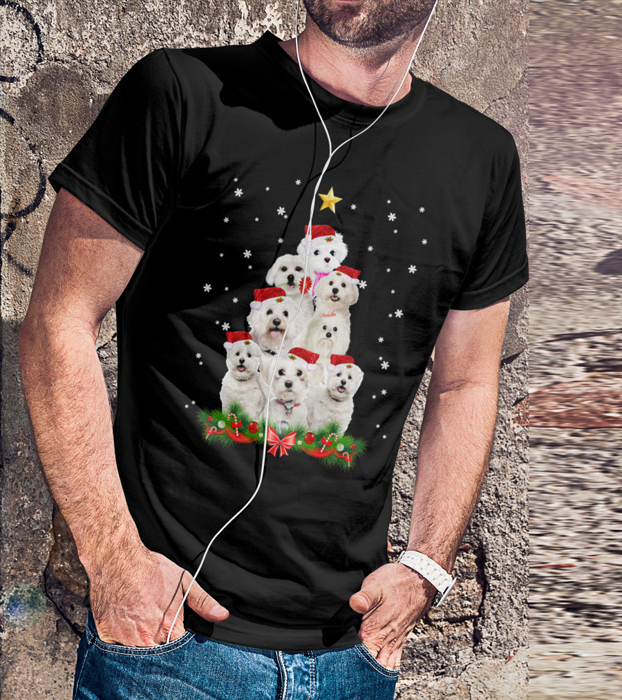 Maltese Dogs Christmas Tree With Santa Hats And Star T-Shirt