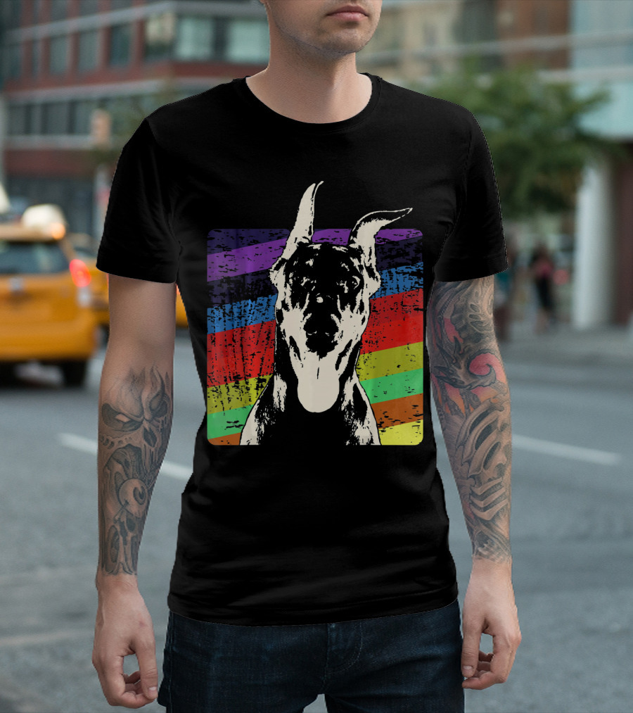 Classic Vintage Doberman Pinscher Rainbow Stripes Retro T-Shirt