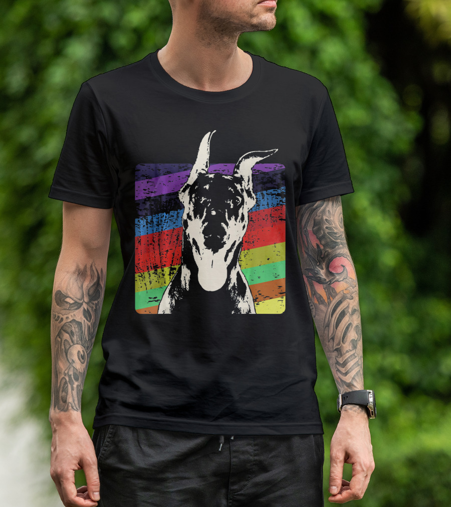 Classic Vintage Doberman Pinscher Rainbow Stripes Retro T-Shirt