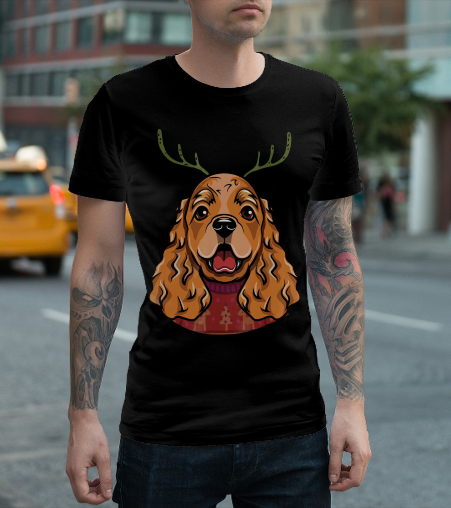 Cocker Spaniel Dog with Reindeer Antlers and Holiday T-Shirt