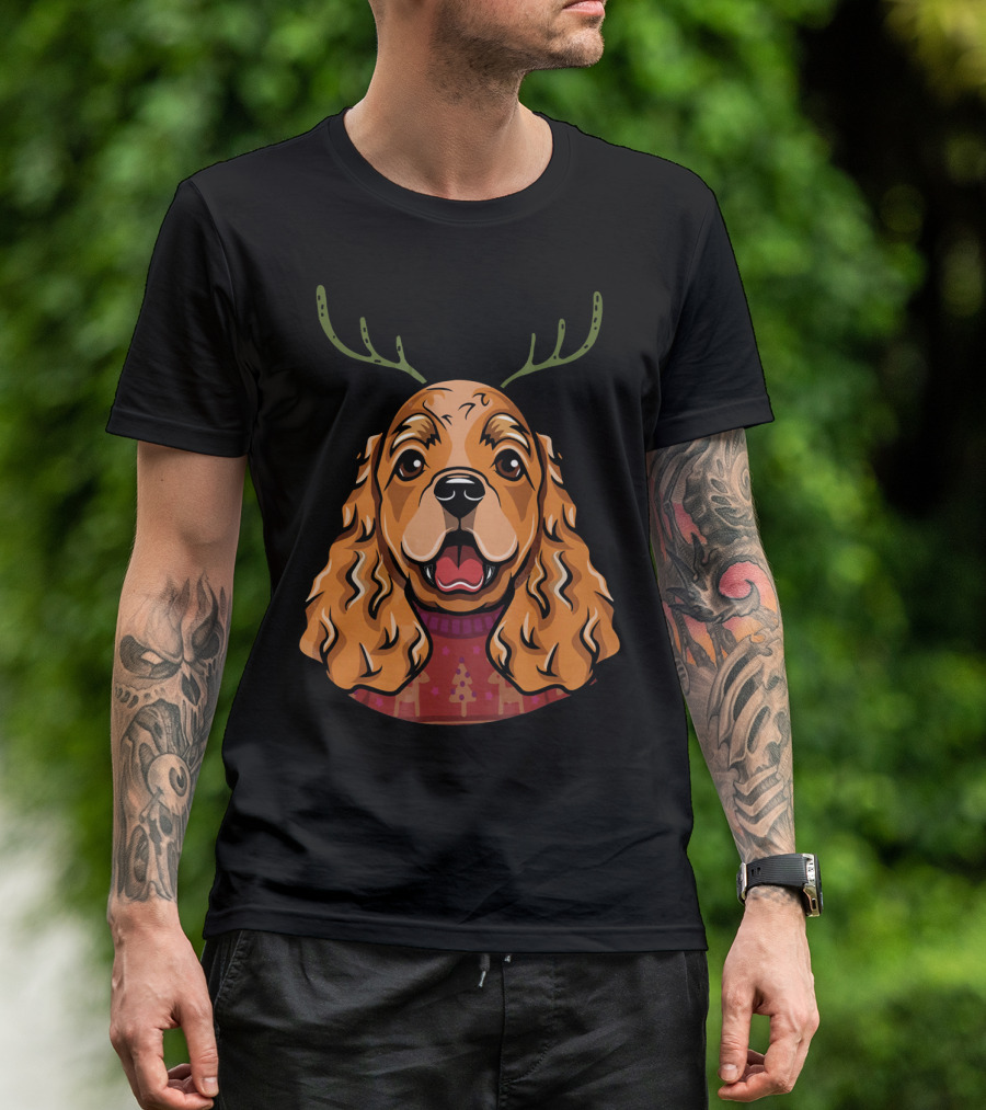 Cocker Spaniel Dog With Reindeer Antlers And Holiday T-Shirt