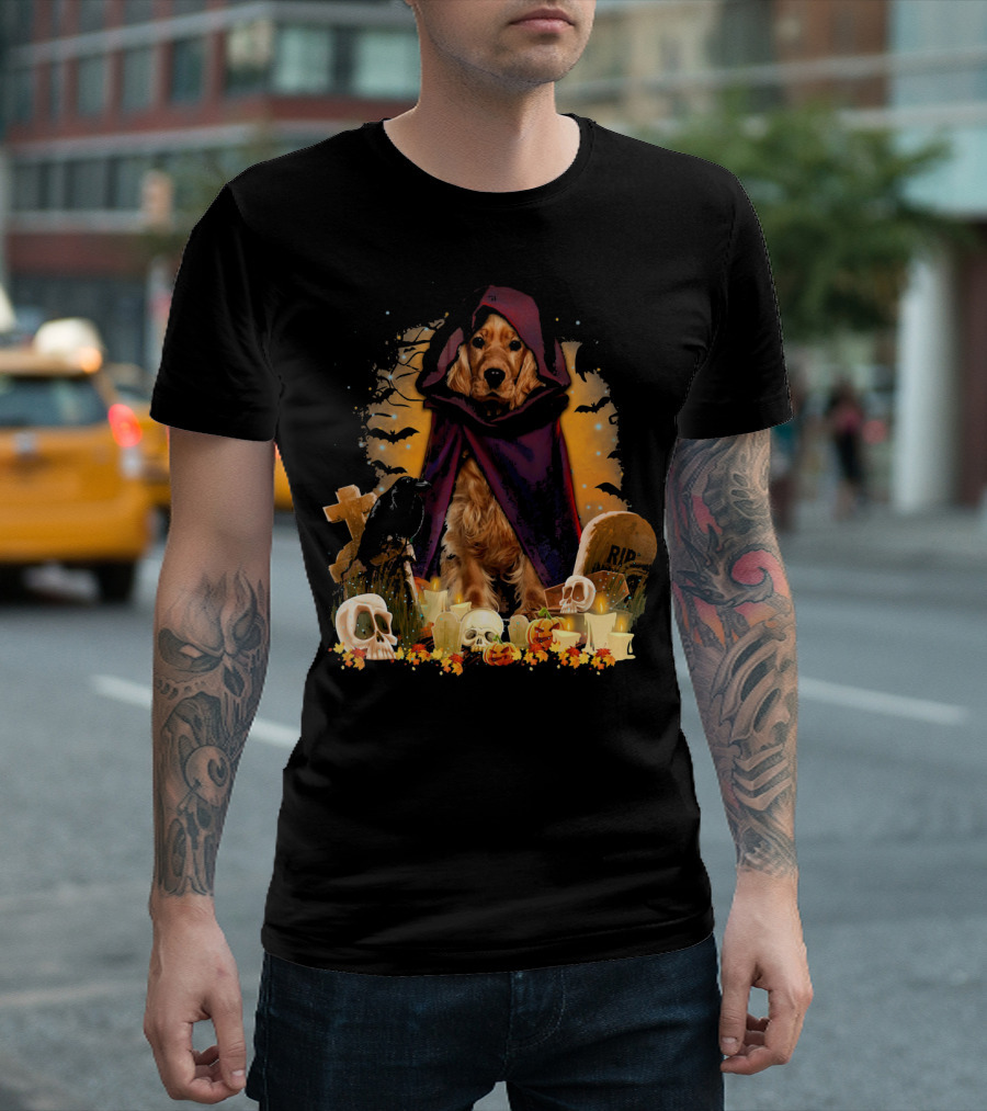 Cocker Spaniel Halloween Hooded Dog with Skulls and Tombstones T-Shirt