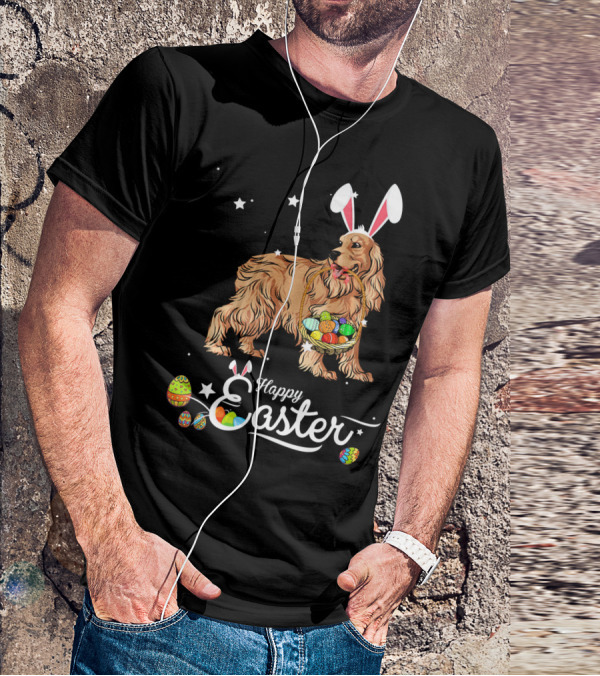 Cocker Spaniel With Bunny Hat Holding Easter Egg Basket Happy Easter T-Shirt