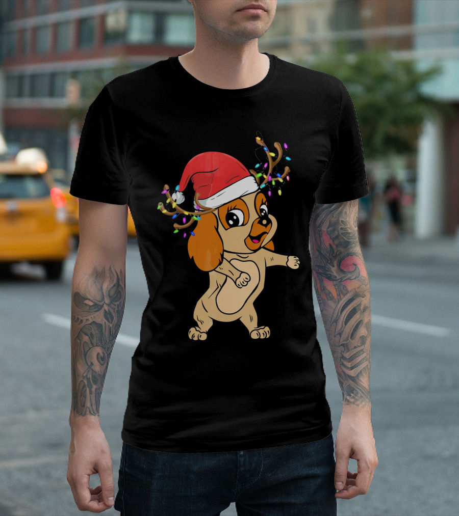 Cocker Spaniel Reindeer Christmas Funny Dog with Santa Hat and Festive Antlers T-Shirt